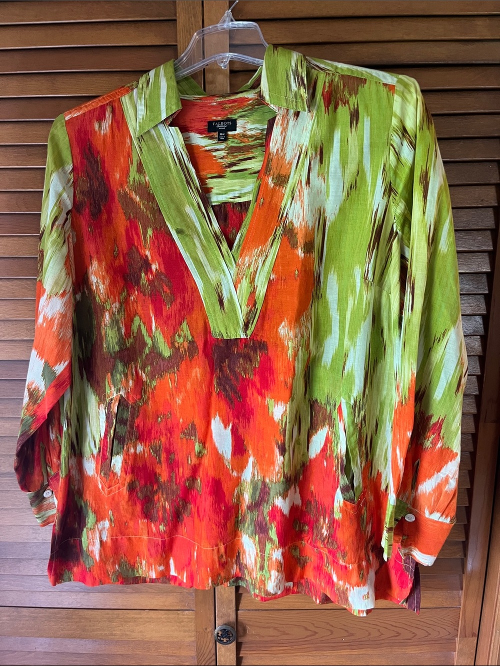 Talbots Lime Green, Orange & Red Abstract V-Neck Blouse Size 16W